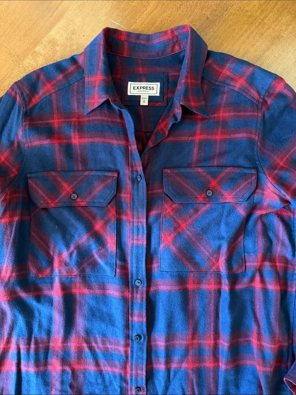EXPRESS Boyfriend Red/Navy Plaid Button Down Flannel Shirt